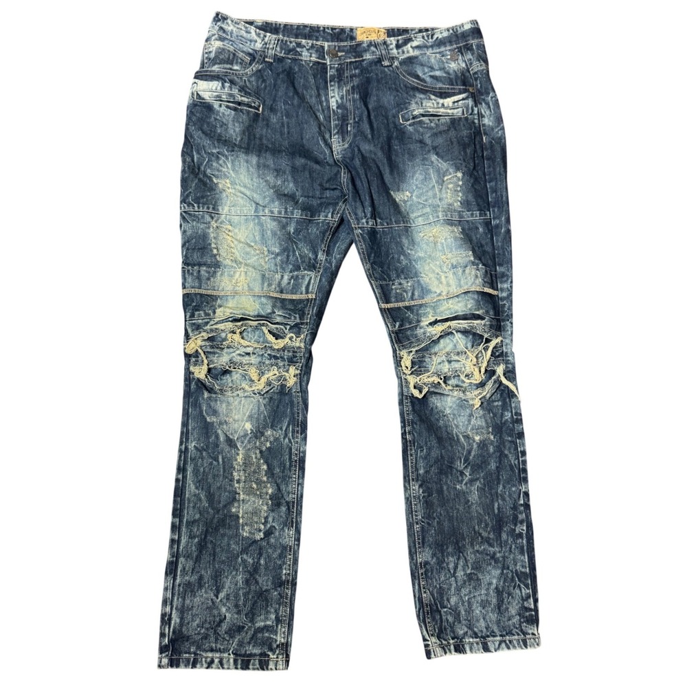 Grindhouse Denim Distressed Acid Wash Moto Jeans 42 Blue Streetwear